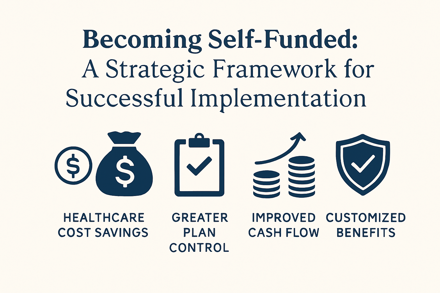Create a graphic with a light background and the title Becoming SelfFunded A Strategic Framework for Successful Implementation Show the benefits of becoming a selfinsured health plan with icons that highlight healthcare cost savings-1