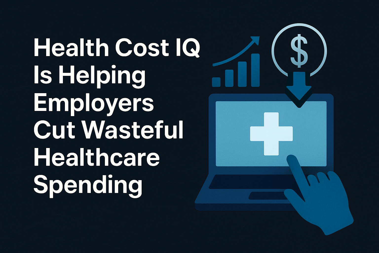 Create a graphic with the text Health Cost IQ Is Helping Employers Cut Wasteful Healthcare Spending and with a theme of using technology to lower health costs and a dark background-1