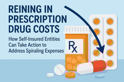 Create a graphic with the title Reining in Prescription Drug Costs and the subtitle How SelfInsured Entities Can Take Action to Address Spiraling Expenses with a theme of prescription drugs-1