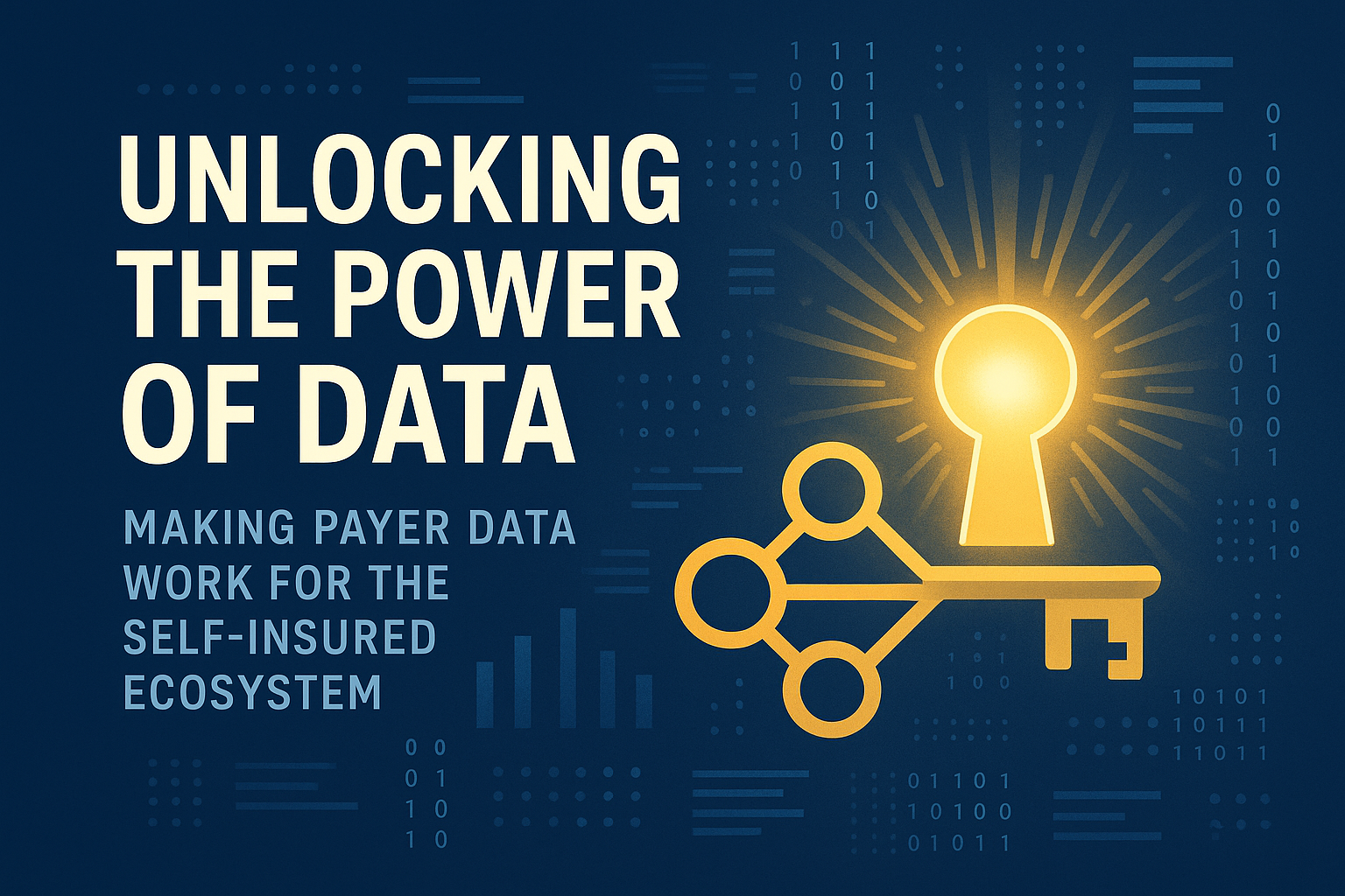 Create a graphic with the title Unlocking the Power of Data and the subtitle Making Payer Data Work for the SelfInsured Ecosystem with a theme the power of data