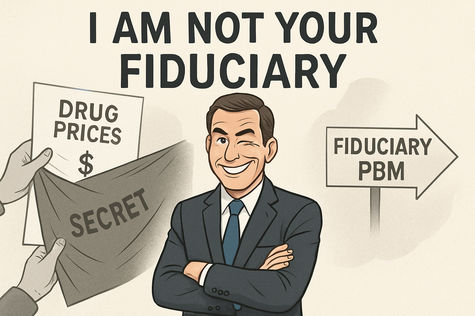 Create an image with a business professional in a suit who represents traditional PBMs with arms crossed grinning and winking in a cunning way Use a b