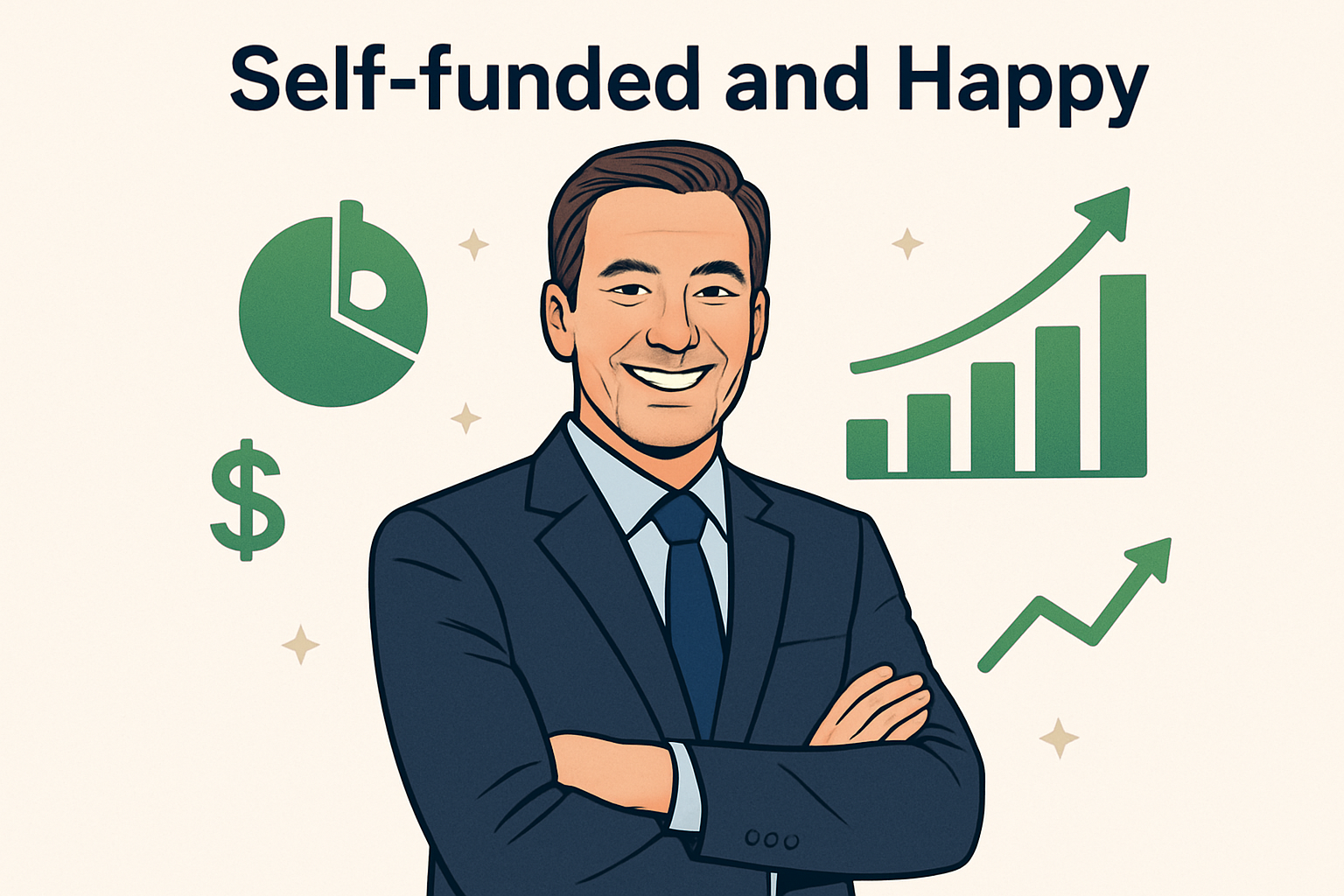 create a graphic on a light background showing a professional leader smiling with arms crossed Display at the top of the graphic the text Selffunded a
