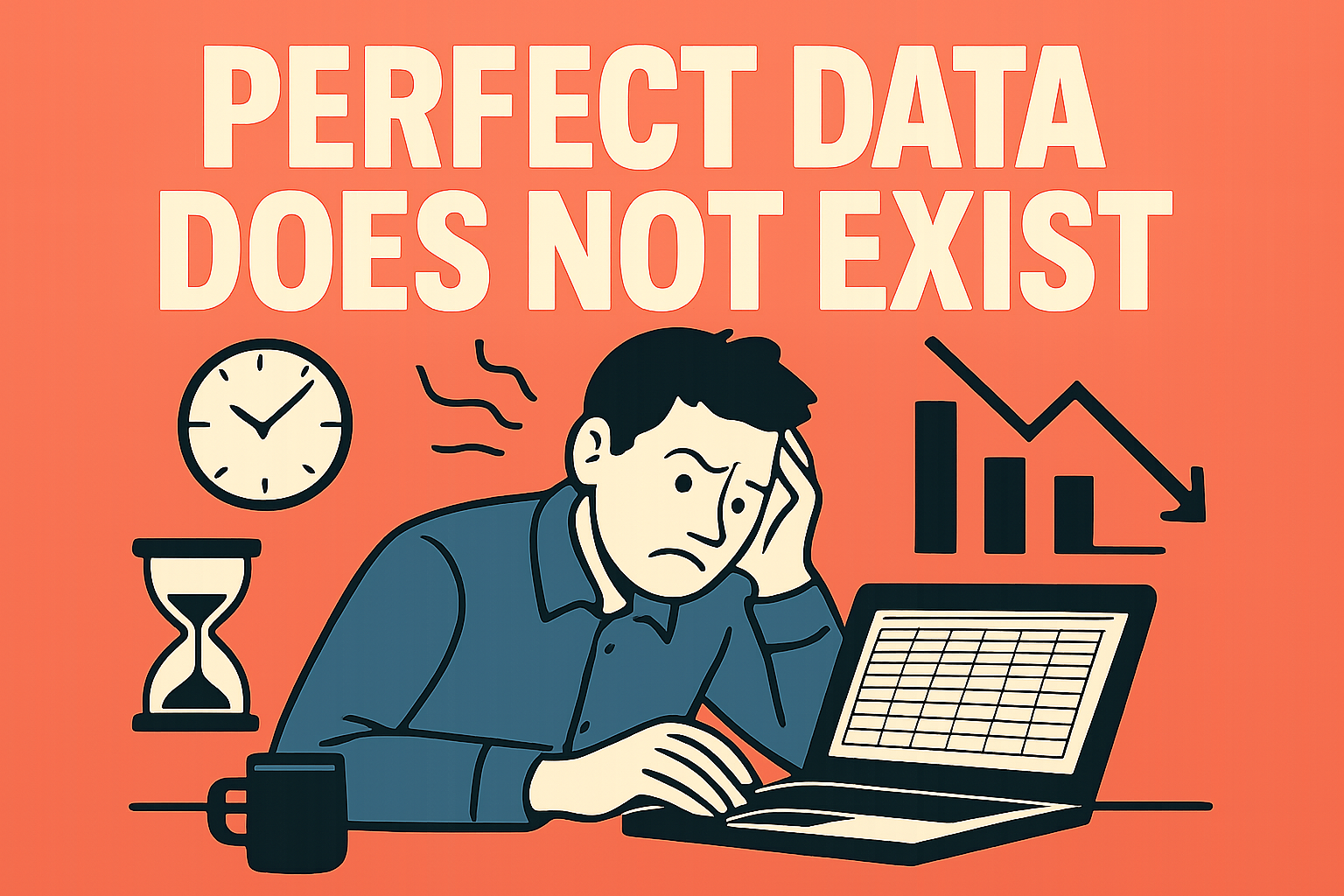 create a graphic that shows a frustrated worker relentlessly checking a spreadsheet Add bold text that says Perfect Data Does Not Exist and add imagery to demonstrate lost time and lost opportunity