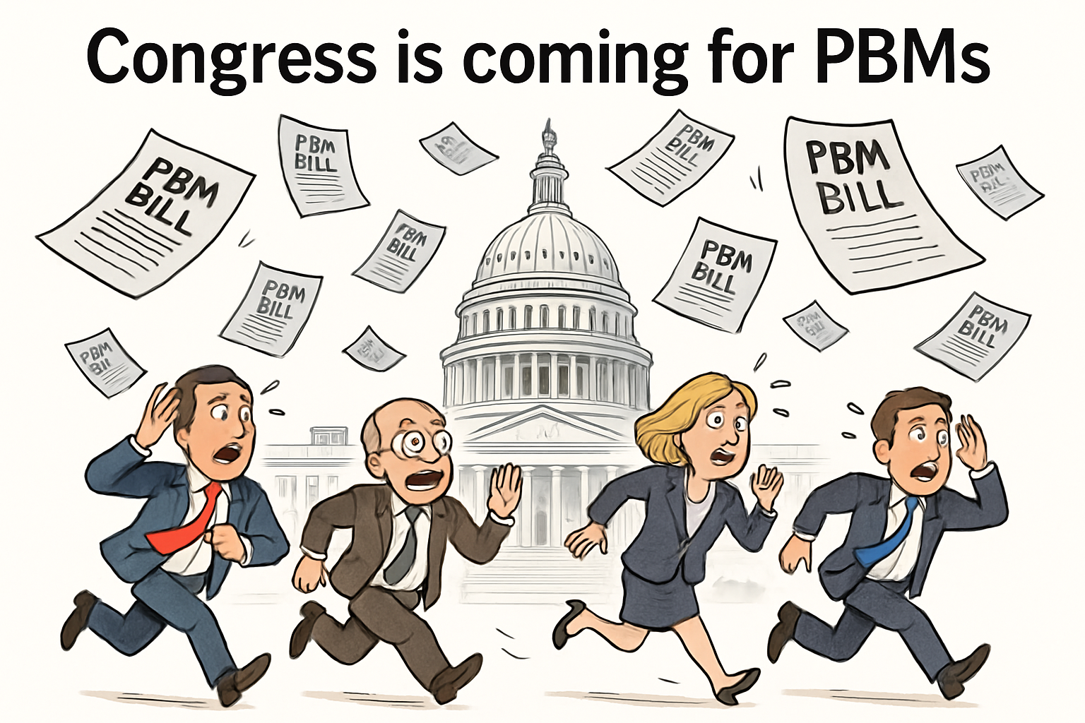 create a graphic that shows executives running away scared with the US capitol looming in the background and several PBM bills raining down from the s