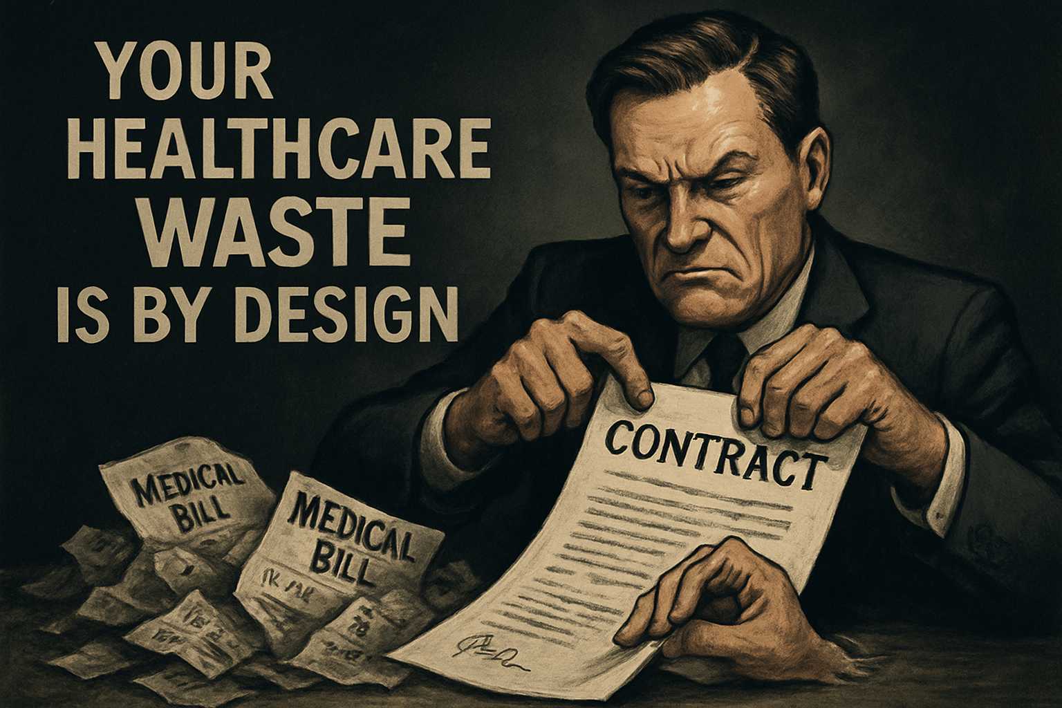 create a graphic with a semidark background serious tone depicting a man in a suit trying to manipulate a contract to someone elses detriment Add the