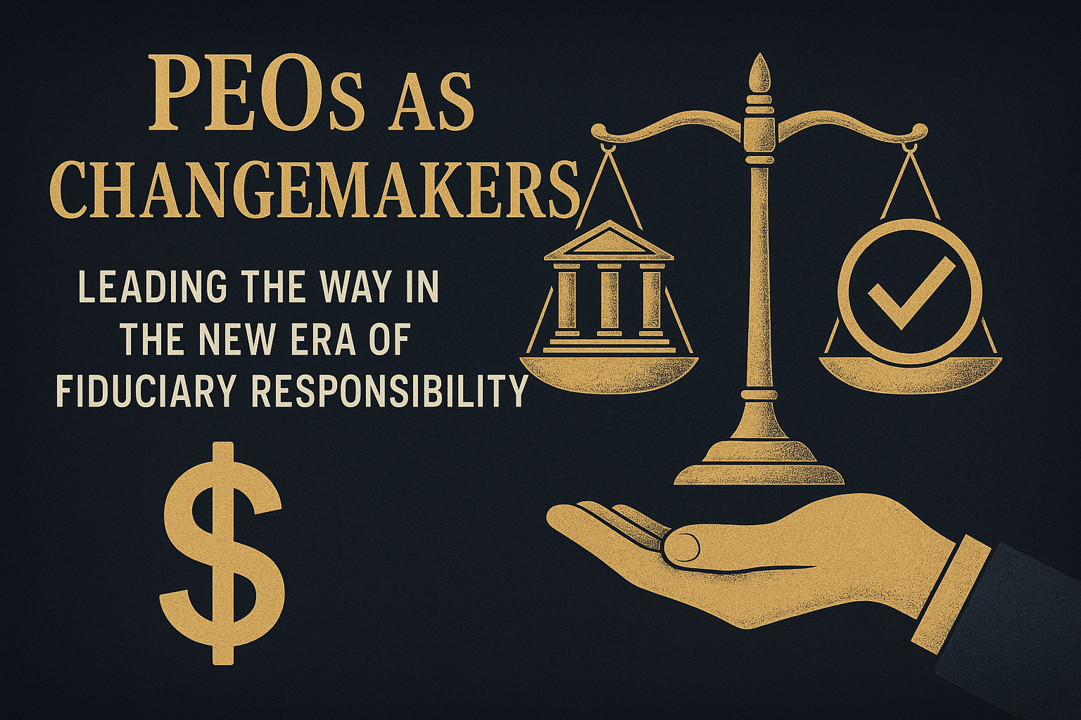 create a graphic with the title PEOs as Changemakers and the subtitle Leading the Way in the New Era of Fiduciary Responsibility with a theme of fiduciary responsibility and a dark background-1